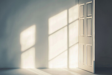 Poster - Sunlight streams into a minimalist, empty room, casting shadows of the window frame on the wall next to an open white door, creating a peaceful and serene atmosphere