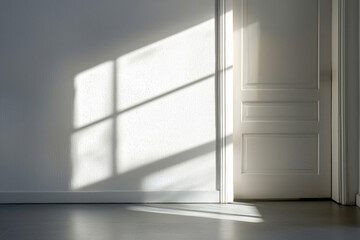 Poster - Bright natural sunlight is streaming through a window, casting strong shadows on a white wall and closed door in a minimalist interior, creating an abstract geometric pattern of light and shade