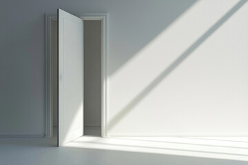 Poster - Sunlight streaming through an open door fills a minimal white room, creating a serene and inviting atmosphere that embodies freshness and tranquility