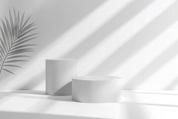 Poster - Two white cylinder podiums are displaying products on a white surface with palm leaf shadow and sunlight creating a minimalist and elegant scene