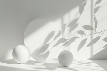 Poster - Two white spheres and a circle resting on a white surface, casting subtle shadows and enhanced by delicate leaf projections in a minimalist composition
