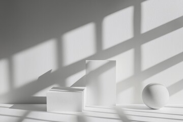 Poster - Minimalist still life composition featuring white geometric shapes casting shadows on a white surface under a window, creating an abstract and modern scene