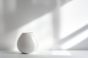 Poster - White vase resting on a white surface, illuminated by window light, casting soft shadows on the white wall, creating a serene and minimalist composition that exudes elegance