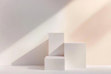 Poster - Sunlight is creating shadows on an empty showcase pedestal displaying minimalist geometric shapes, perfect for showcasing products or brands in a modern and elegant way