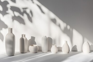 Poster - White modern minimalist interior decoration concept featuring ceramic vases and bowls on a white surface with leaf shadows projected on a white wall, creating a peaceful and stylish atmosphere