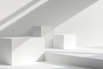 Poster - White geometric podiums of varying sizes creating a minimalist display for products, illuminated by dramatic lighting from a large window, ideal for luxury items