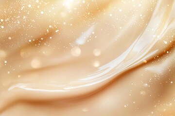 Poster - Beige liquid cosmetic foundation makeup cream texture is swirling with golden glitter bokeh effect applied to create a luxurious and elegant beauty product advertisement