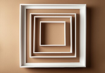 Poster - White rectangular frames of different sizes are arranged on a brown wall, creating a visually appealing pattern of concentric squares, offering a modern and minimalist aesthetic
