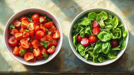 Sticker - Freshly prepared salad bowls featuring vibrant cherry tomatoes and leafy greens under natural light