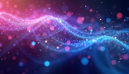 Leinwandbilder - Abstract futuristic background shows dynamic flow of purple, blue particles. Neon light glows. Particles move in wave patterns. Stream of light. Cyber space concept. Fiber optic effect. Modern