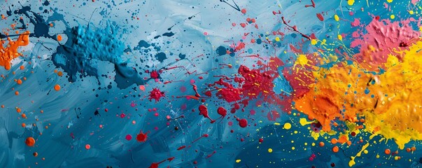 Aufkleber - Abstract expressionist painting with colorful paint splattering on blue canvas background