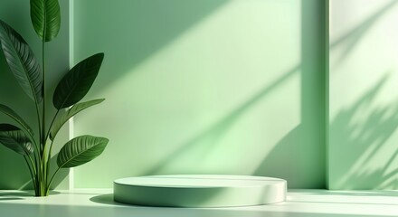 Poster - Empty studio room with green gradient backdrop. Plant with large leaves in corner. Round light green podium in center. Soft shadows. Eco friendly product display. Modern minimal design. Ideal for