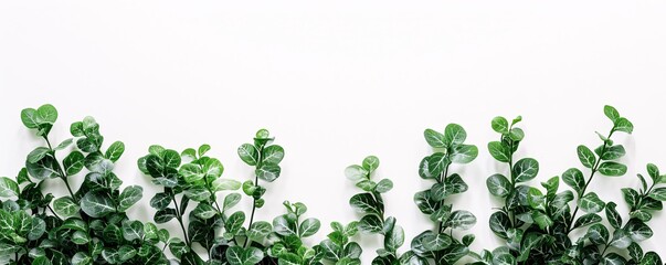 Poster - Green leaves border on white background creating a natural frame with copy space