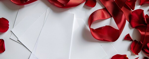Poster - Valentine's day themed white cards with rose petals and red satin ribbon on a white background