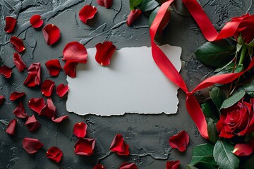 Poster - Romantic message with red roses and blank paper on a dark grey concrete background