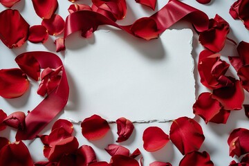 Poster - Valentine's day themed blank white paper with red ribbon and red rose petals on a white background