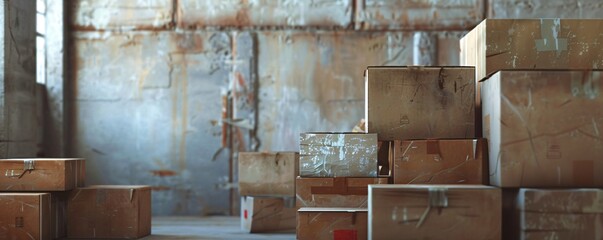 Poster - Cardboard boxes are stacked high in an abandoned warehouse interior, creating an eerie and mysterious atmosphere
