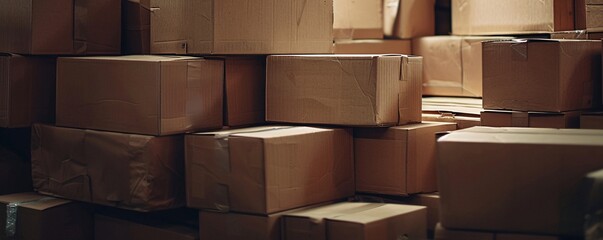 Poster - Stacks of cardboard boxes fill a storage warehouse, ready for shipping