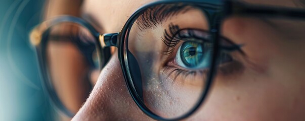 Aufkleber - Close up of a woman's blue eye wearing glasses reading with focus and concentration