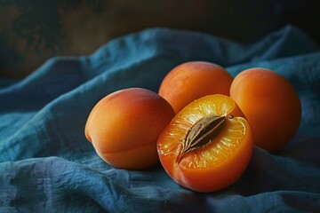 Poster - Fresh apricots on a blue cloth, one sliced open to reveal the pit