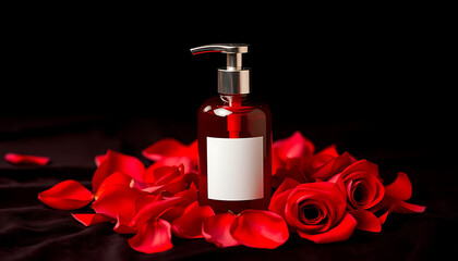 Wall Mural - Mockup Glossy red pump bottle with blank white rectangular label. The bottle is surrounded by fresh red rose petals, placed on a dark velvet surface.