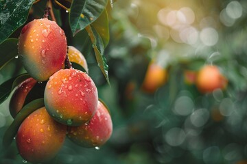Aufkleber - Close up of ripe, wet mangoes growing on a tree in an orchard, with a shallow depth of field
