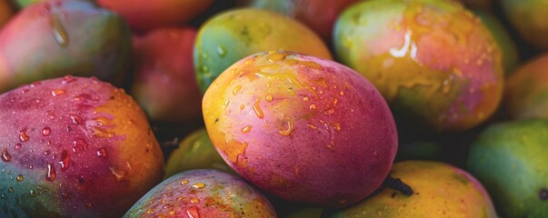 Poster - Pile of vibrant and textured ripe mangoes, adorned with clinging water droplets, display their rich colors