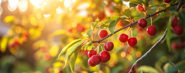 Sticker - Tree filled with delicious cherries at sunset