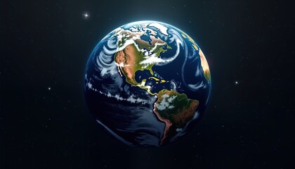 Poster - Abstract globe displays earth in space. Detailed map view shows continents, oceans. Dark blue background highlights globe. Earth rotates in space. Futuristic design. Suitable for tech science