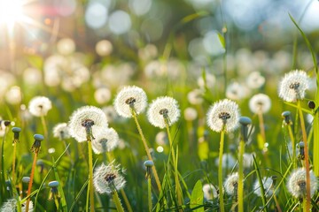 Aufkleber - Dandelion seedheads glowing in a meadow of grass are bathed in the warm glow of the setting sun