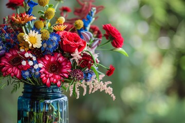 Wall Mural - Vibrant bouquet of colorful flowers in a blue vase with a soft focus background