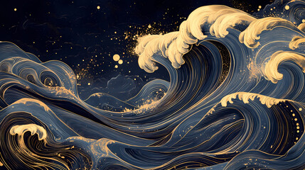 Wall Mural - Close-up view of celestial waves in midnight blue and gold. Midnight Wave. Illustration