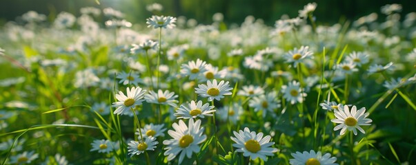 Poster - White daisies in a meadow bathed in the warm light of the setting sun