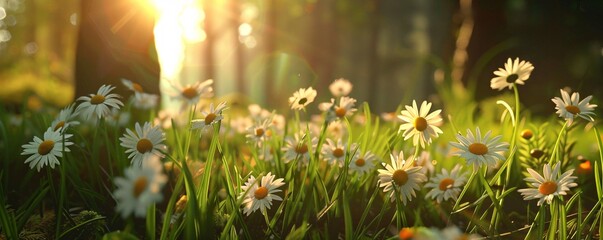 Aufkleber - Beautiful white daisies blooming in a sunny spring forest