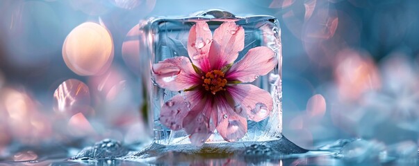 Poster - Pink flower encased in ice melting on reflective surface with bokeh background