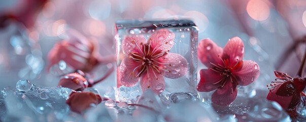 Poster - Exquisite image of a pink flower encased in ice, adorned with water droplets and reflecting a delicate beauty