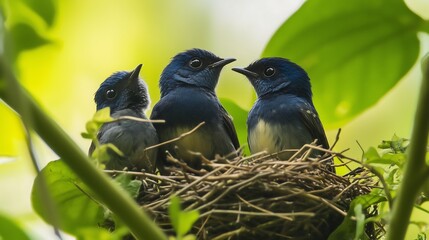 Three vibrant blue birds perched in a lush green nest, showcasing their natural habitat and playful demeanor.