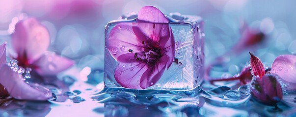 Poster - Pink flower ice cube melting on reflective surface with water droplets