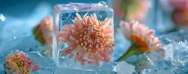Poster - Pink flower frozen in ice cube, melting on blue background with water droplets