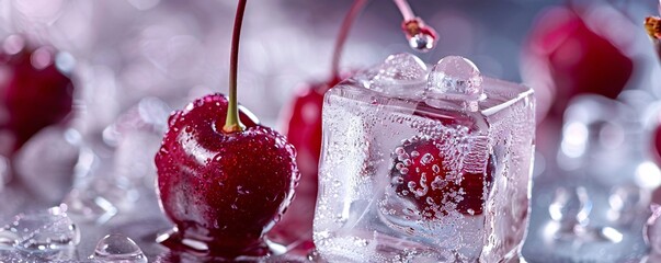 Poster - Macro of fresh cherries with water drops near ice cube with cherry inside on gray background