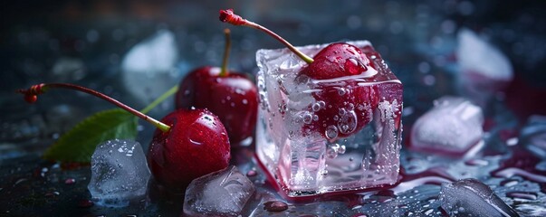 Poster - Red cherries with stems frozen in ice cubes against a dark background with water droplets