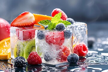 Fototapete - Colorful fresh fruit frozen in ice cubes: a refreshing summer beverage idea