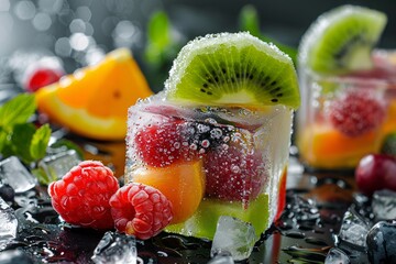 Poster - Frozen fruits enshrouded in ice cubes, providing a delectable and invigorating addition to summertime drinks
