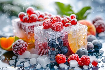 Poster - Fresh assorted fruits frozen in ice cubes, making a delicious and refreshing summer drink