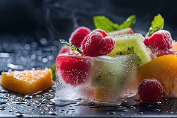 Poster - Ice cubes with frozen raspberries and kiwi fruit melting on a wet slate surface with steam
