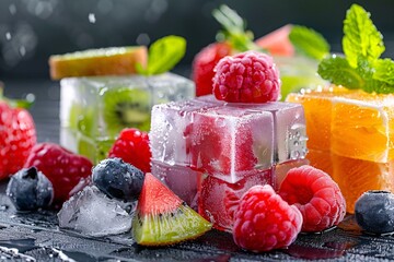 Fototapete - Summer fruits frozen in ice cubes with water droplets on a dark, wet surface