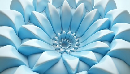 Fototapete - Abstract light blue geometric shapes create spiraling design. Modern, futuristic aesthetic. 3D render of unique flower-like structure. Minimalist design. Possible uses for image include branding,