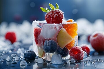 Poster - Refreshing summer fruits encased in an ice cube on a chilled surface with dew droplets