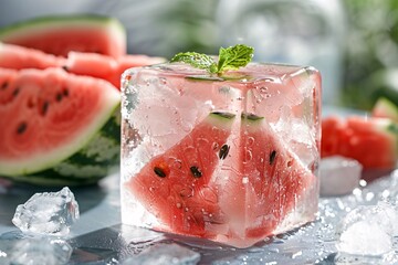 Poster - Watermelon slice ice cubes with a refreshing touch of mint are ready to enhance your summer beverage