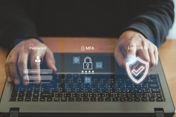 Fototapete - Fraud prevention button, concept about cybersecurity, credit card and identity protection against cyberattack and online thieves, phishing scam, mobile phone hacker, bank account threat and fraud.